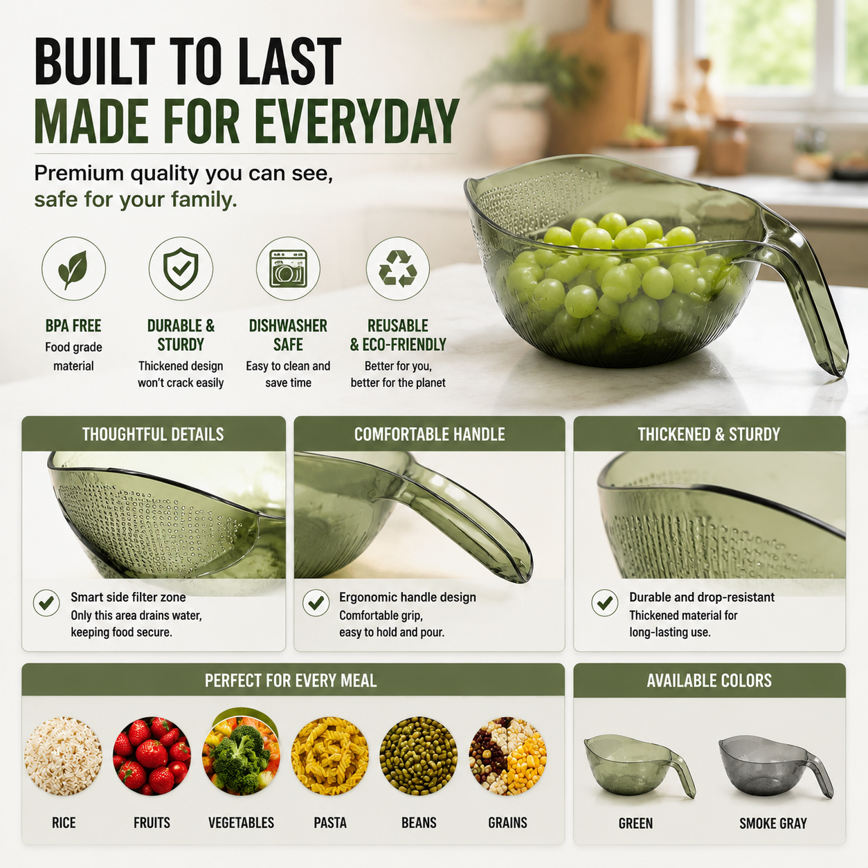 ✨ Smart Drain Kitchen Bowl – 2-in-1 Colander For Fruits, Vegetables, Rice & Pasta