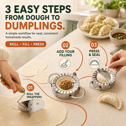 🥟 Stainless Steel Dumpling Maker & Dough Cutter Set – Roll, Fill, Press & Seal with Ease