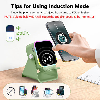 📱5-in-1 Smart Induction Speaker Stand | Bluetooth Speaker, RGB Light & Power Bank