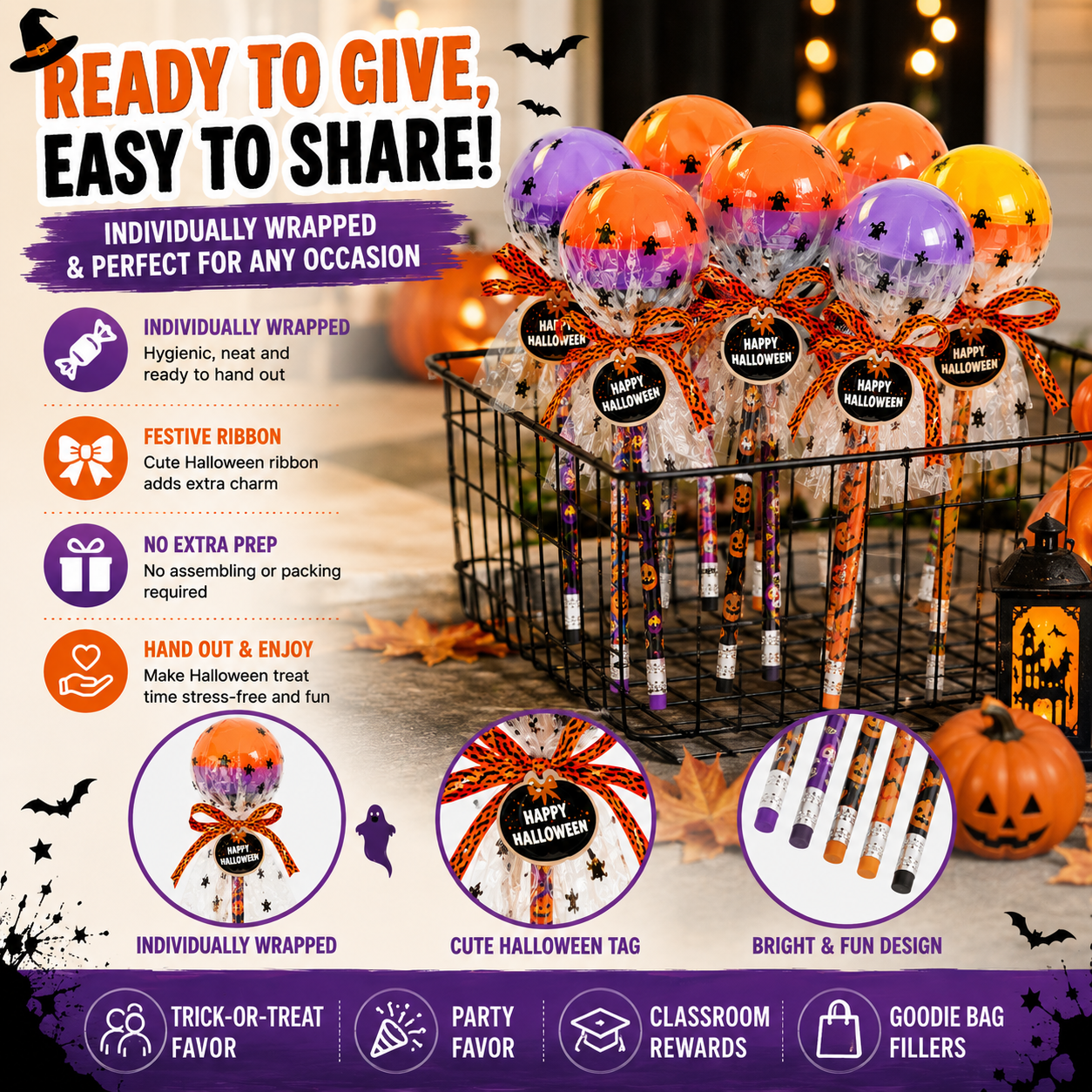 🎃24pcs Halloween Surprise Pencil Gift – Candy-Style Trick-or-Treat Favor for Kids