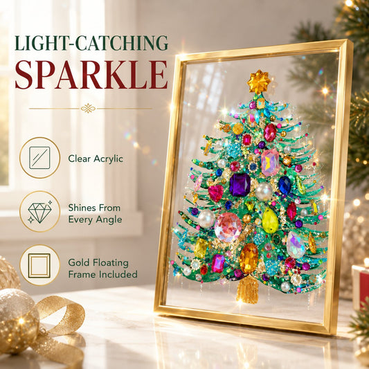 Handmade Gem Christmas Tree Framed Acrylic Art | 8x10 Gold Frame Rhinestone Holiday Decor 🎄✨
