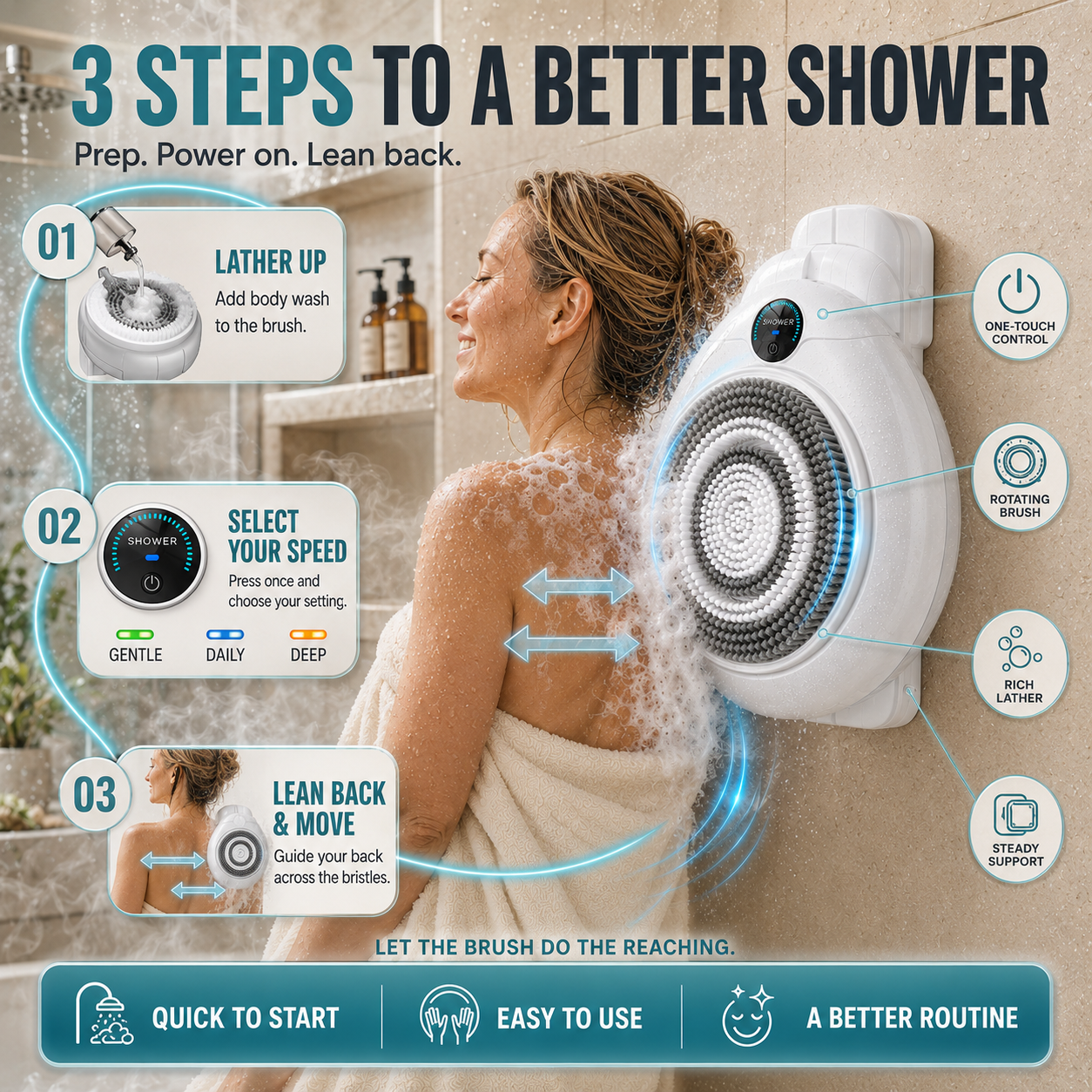 🚿Hands-Free Wall-Mounted Electric Back Scrubber – 3-Speed No-Drill Shower Brush🫧