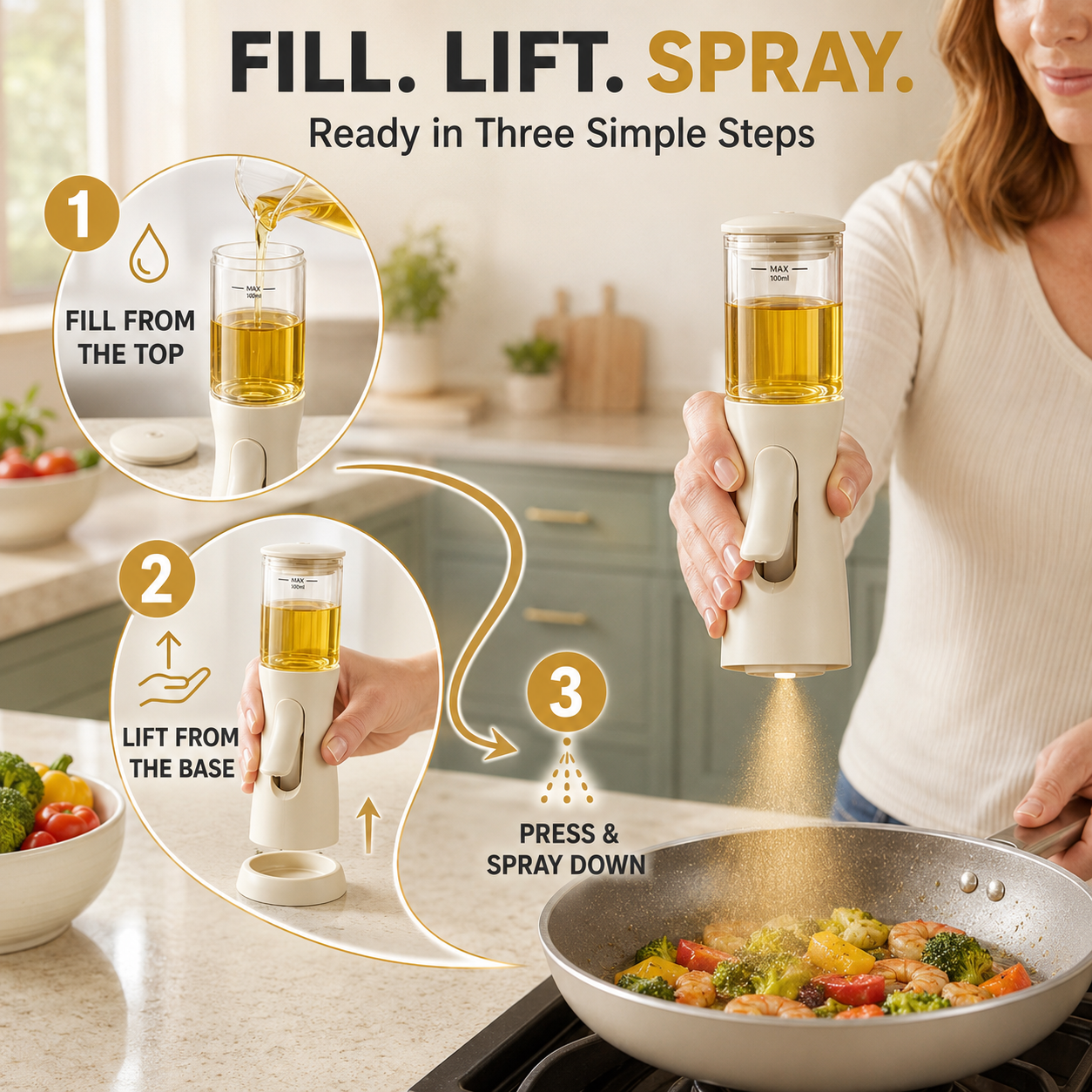 ✨ 100ml Bottom-Spray Cooking Oil Mister – One-Hand Precision Oil Sprayer with Protective Base