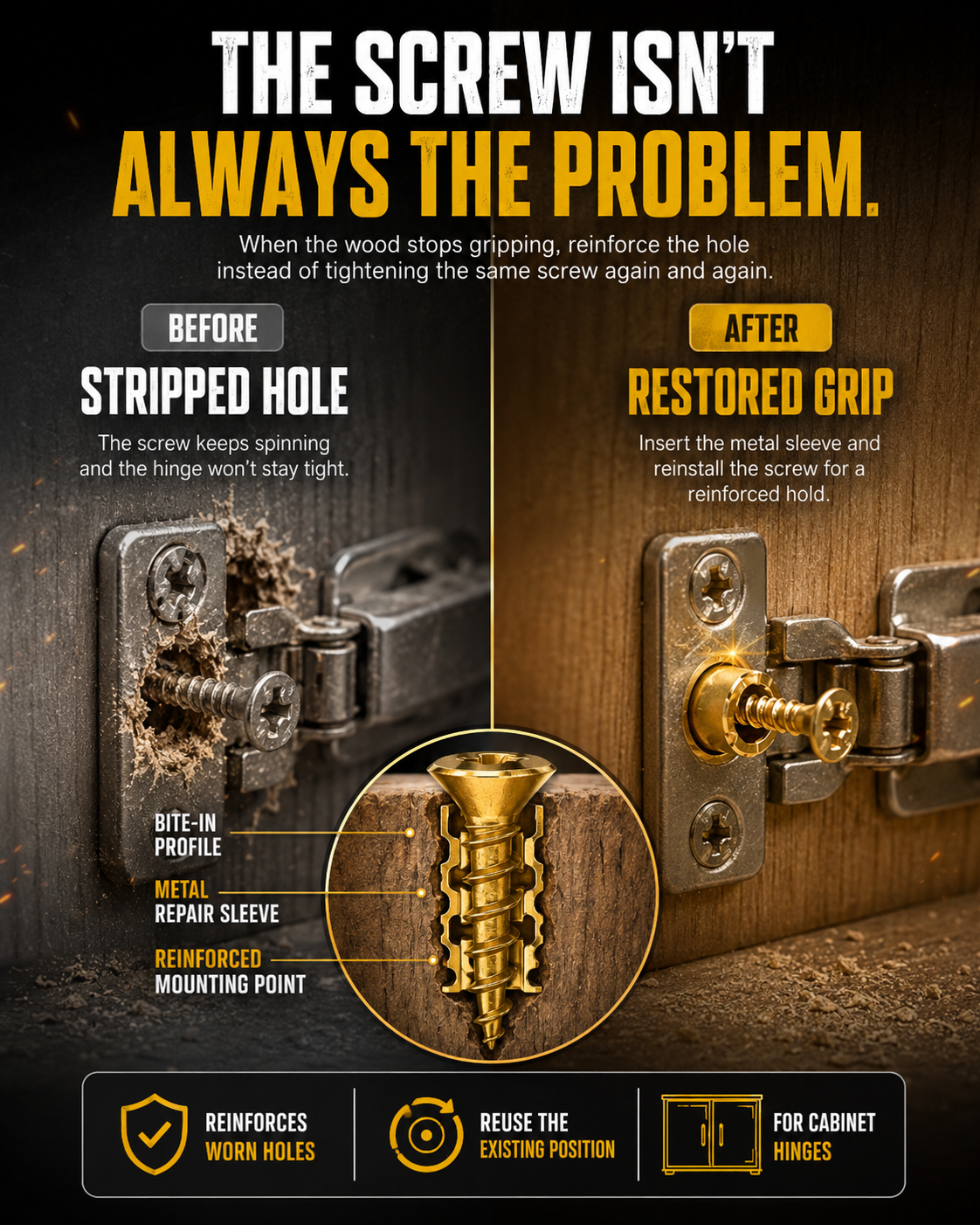 🔩 Stripped Screw Hole Repair Anchors  Restore loose cabinet hinges without moving or replacing them.