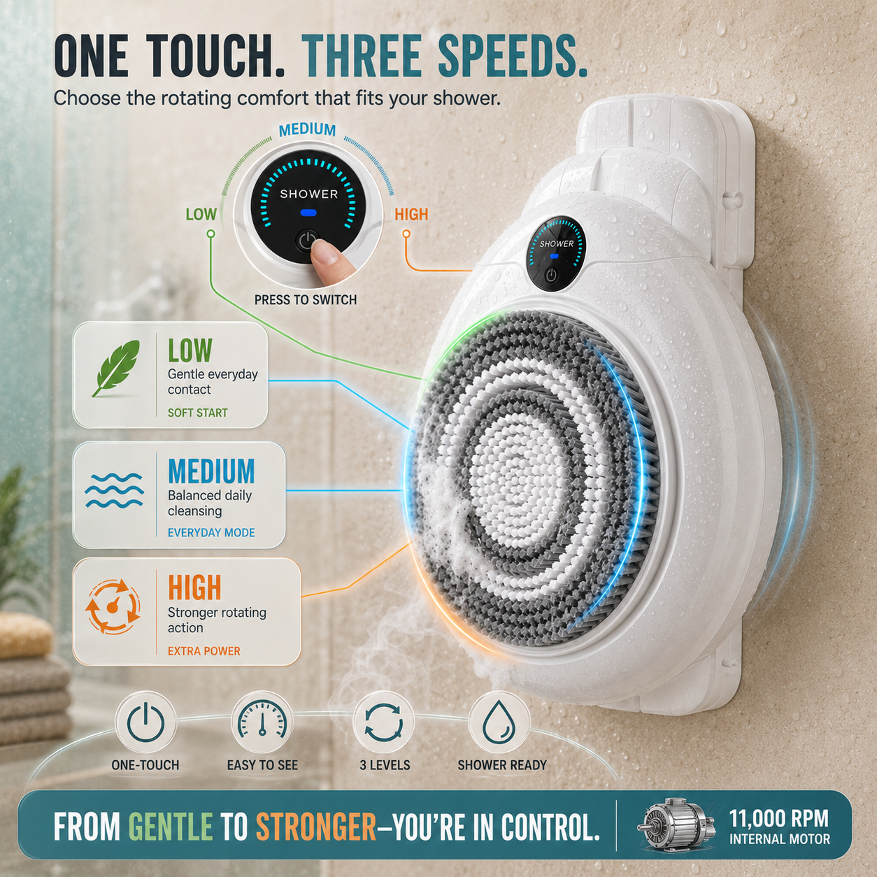 🚿Hands-Free Wall-Mounted Electric Back Scrubber – 3-Speed No-Drill Shower Brush🫧