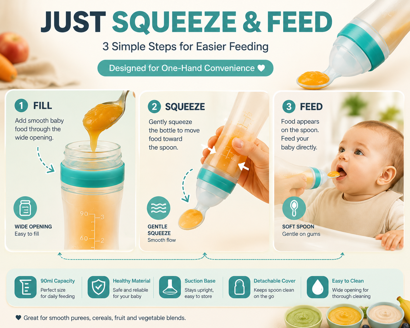 👶 90ml Baby Food Squeeze Feeder – One-Hand Feeding Spoon with Suction Base