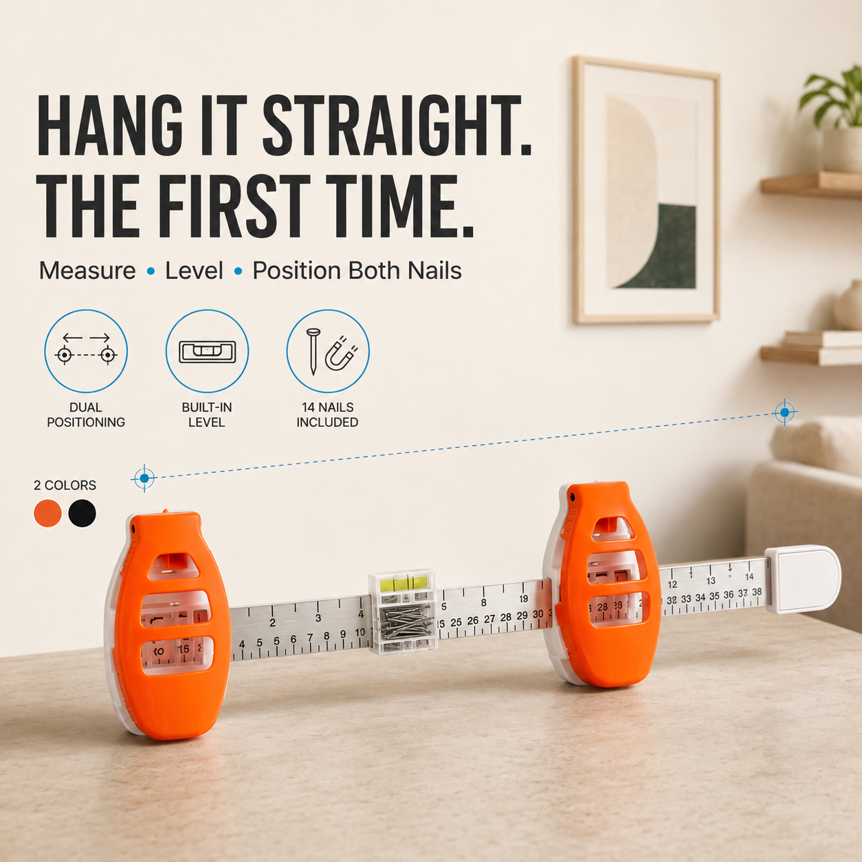 🖼️ All-in-One Picture Hanging Locator & Leveling Tool with Dual Nail Positioners + 14 Nails