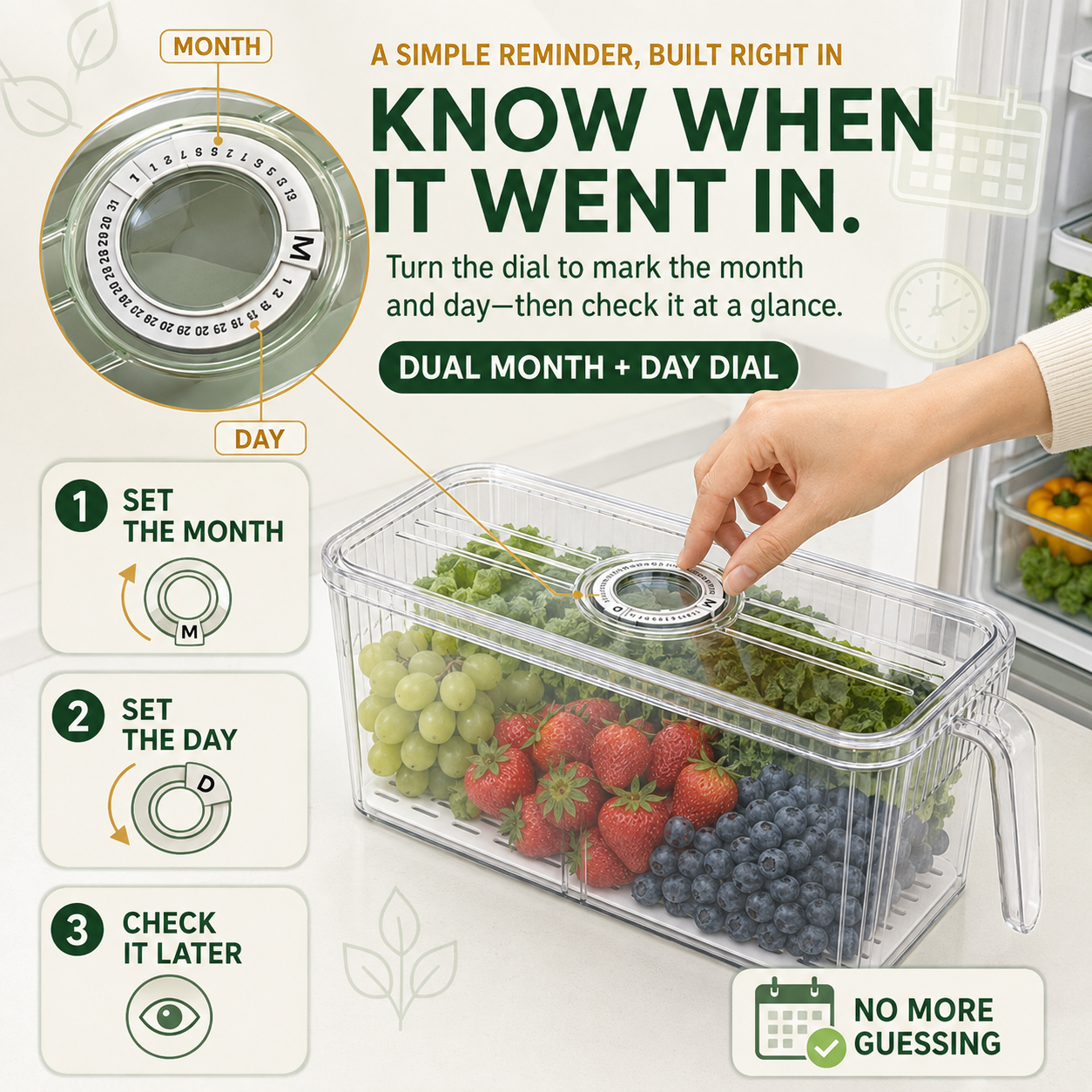 🥬 Stackable Refrigerator Produce Storage Box with Date Dial, Drain Basket & Easy-Pull Handle
