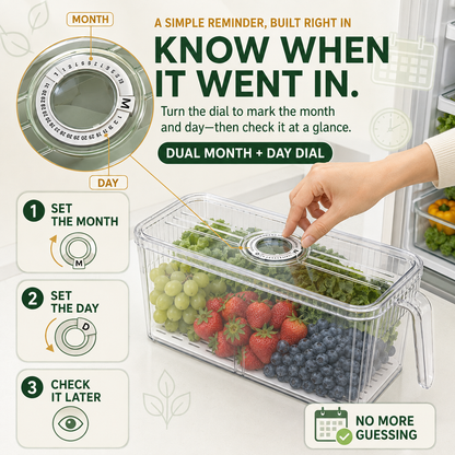 🥬 Stackable Refrigerator Produce Storage Box with Date Dial, Drain Basket & Easy-Pull Handle