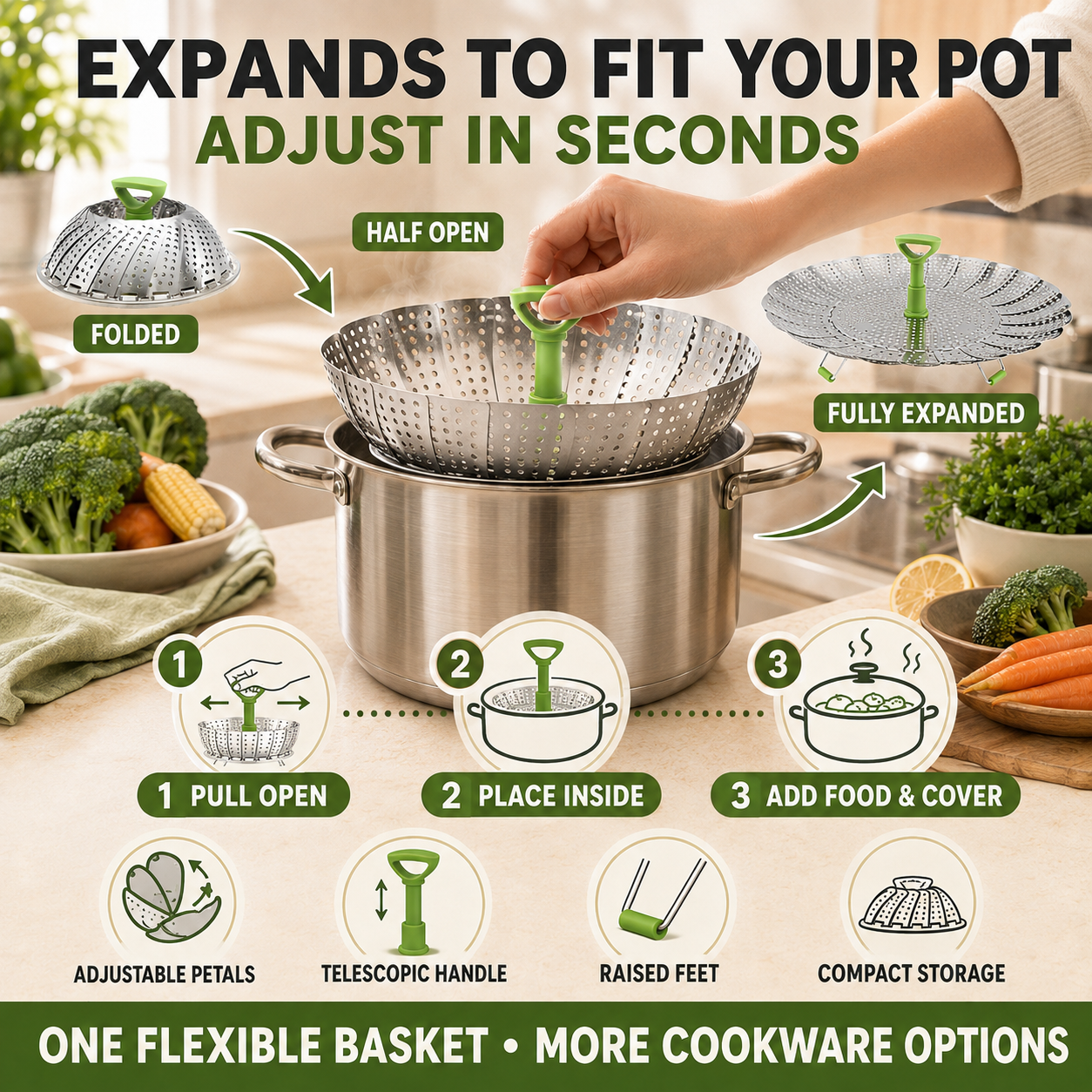 🥦 3-in-1 Adjustable Folding Steamer Basket – Steam, Rinse & Serve