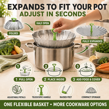 🥦 3-in-1 Adjustable Folding Steamer Basket – Steam, Rinse & Serve