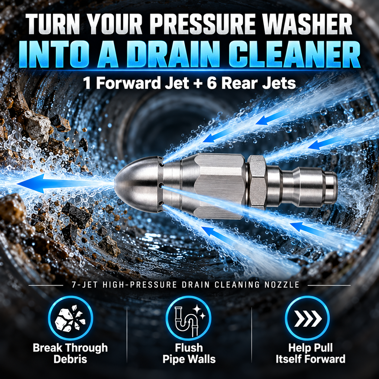 🚿 7-Jet High-Pressure Drain Cleaning Nozzle – 1 Forward + 6 Rear Jets