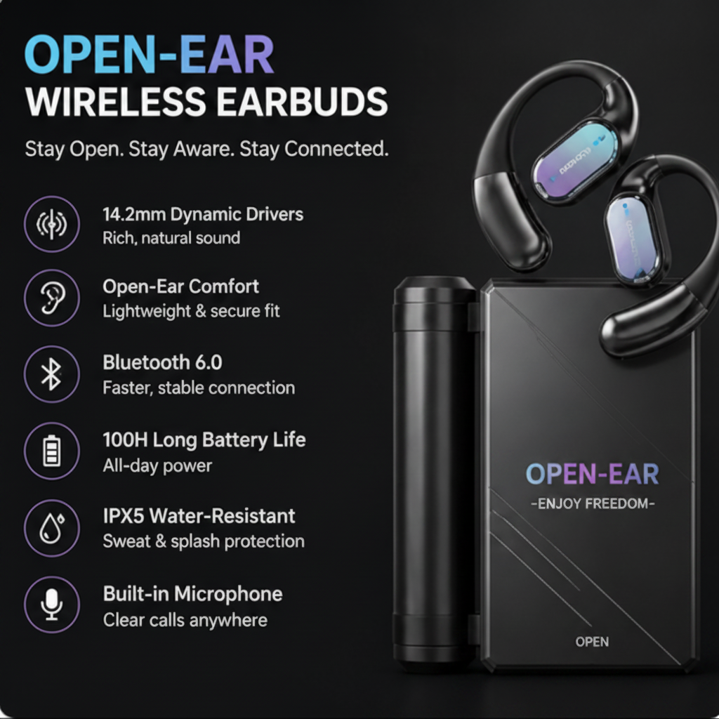Open Ear Wireless Earbuds, Foldable Bluetooth Headphones