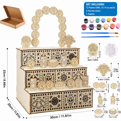 💀 3-Tier Day of the Dead Wooden Altar Display Set | Día de los Muertos Decor