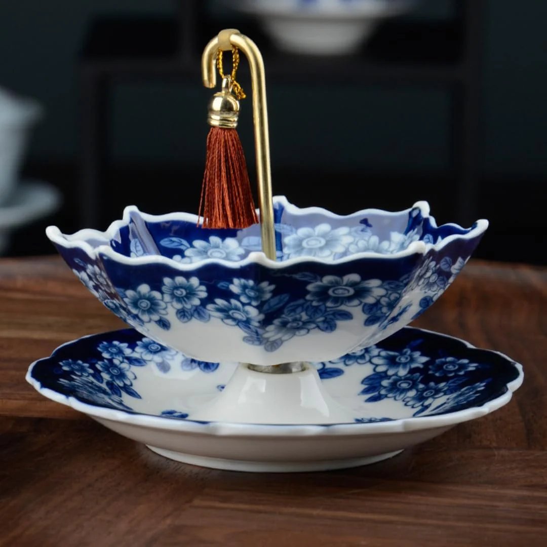 ☂️ Blue-and-White Umbrella Tea Strainer | Ceramic Tea Filter Set