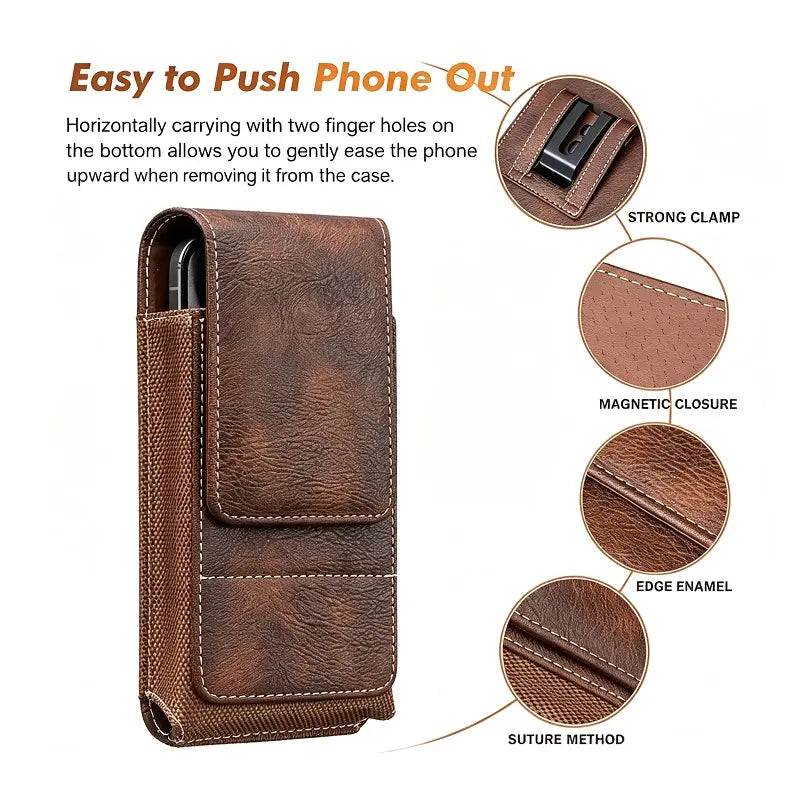 📱 Men’s Belt Phone Pouch – Magnetic Closure with Card Slot & Metal Clip