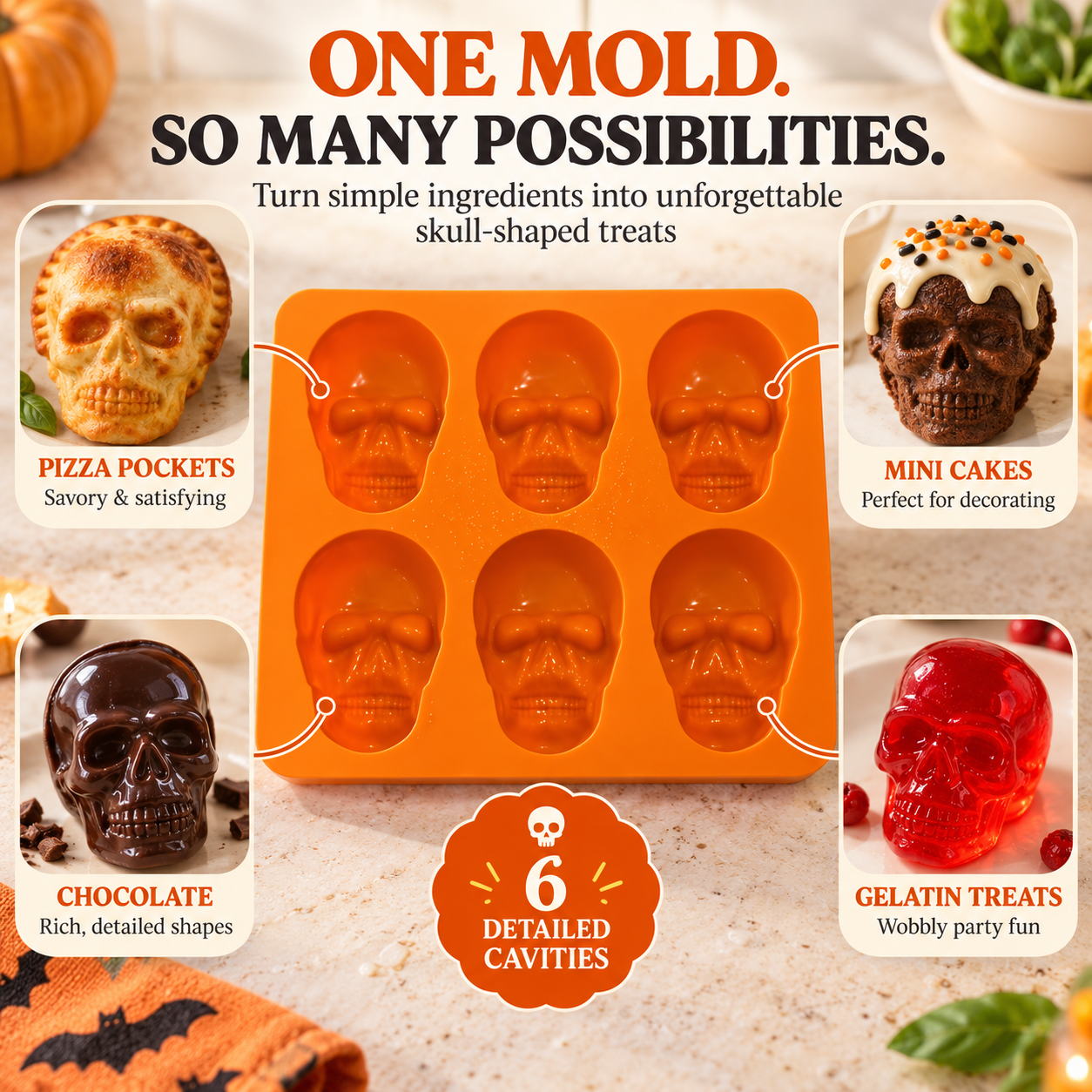 💀 6-Cavity Silicone Skull Baking Mold – Halloween Pizza, Cake & Treat Maker