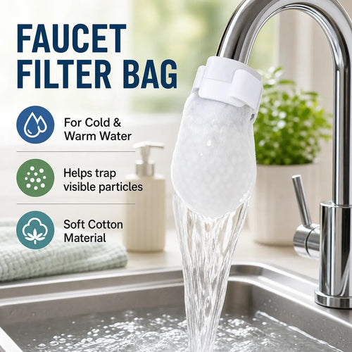 [Fits Faucets < 1"]cotton filter bags disposable Cotton Faucet Filter Bags with 5 fastening straps, Splash-Reducing Tap Water Sediment Filter Sock with Elastic Cuff for Kitchen & Bathroom Faucets
