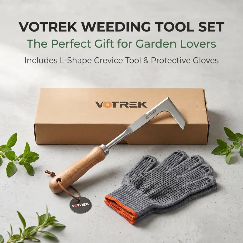 VOTREK Crack Weeder Tool Set with Gloves, Complete Crevice Weeding Kit for Sidewalk Cracks, Driveway, Patio Pavers, L Shaped Manual Weed Puller Remover, Garden Gift for Gardeners