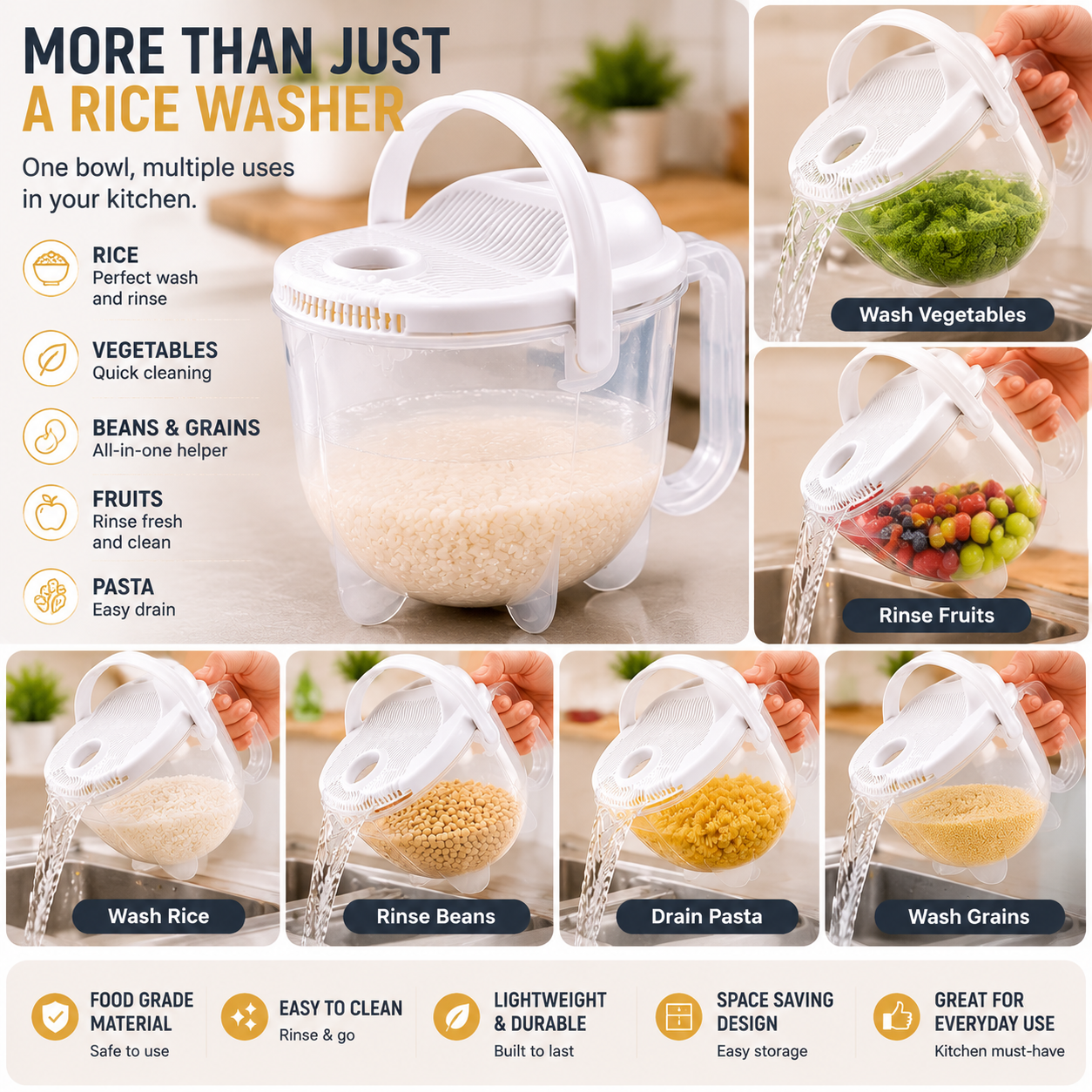 🍚 No-Mess Rice Washing Bowl – Transparent Rice Strainer with Easy Drain Handle for Faster Kitchen Prep
