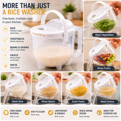 🍚 No-Mess Rice Washing Bowl – Transparent Rice Strainer with Easy Drain Handle for Faster Kitchen Prep