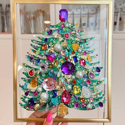 Handmade Gem Christmas Tree Framed Acrylic Art | 8x10 Gold Frame Rhinestone Holiday Decor 🎄✨