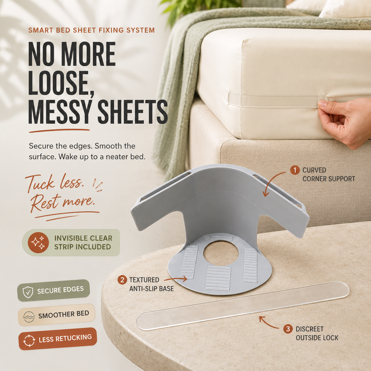No-Slip Bed Sheet Fasteners with Invisible Clear Locking Strip 🛏️
