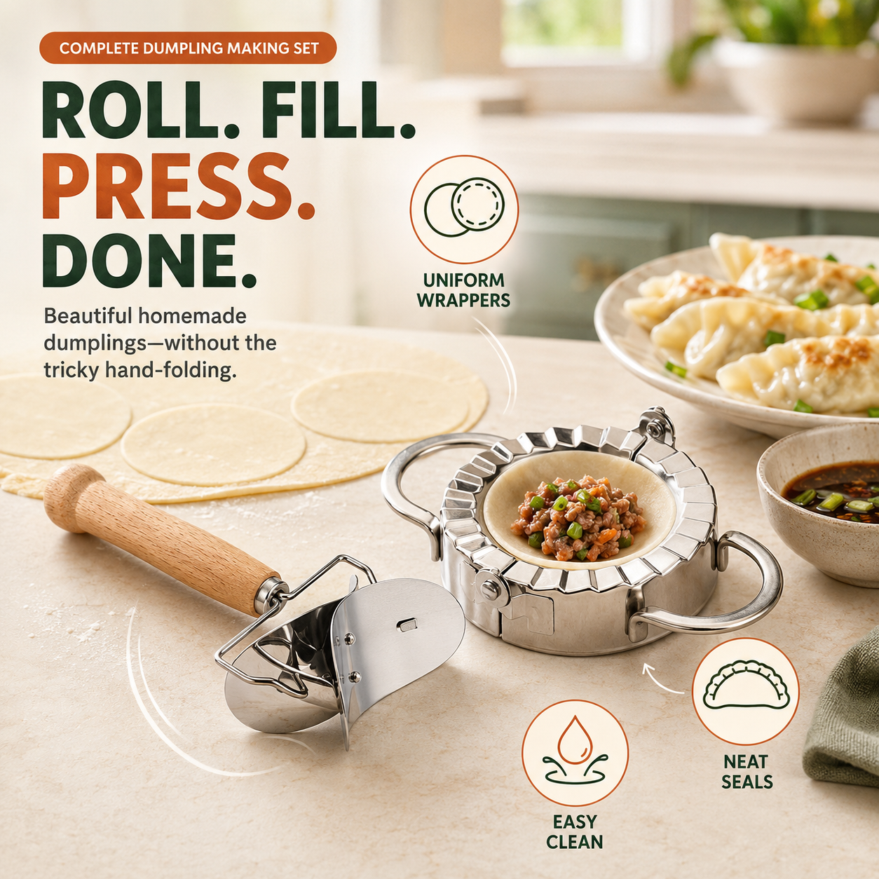 🥟 Stainless Steel Dumpling Maker & Dough Cutter Set – Roll, Fill, Press & Seal with Ease