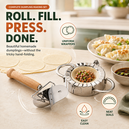 🥟 Stainless Steel Dumpling Maker & Dough Cutter Set – Roll, Fill, Press & Seal with Ease