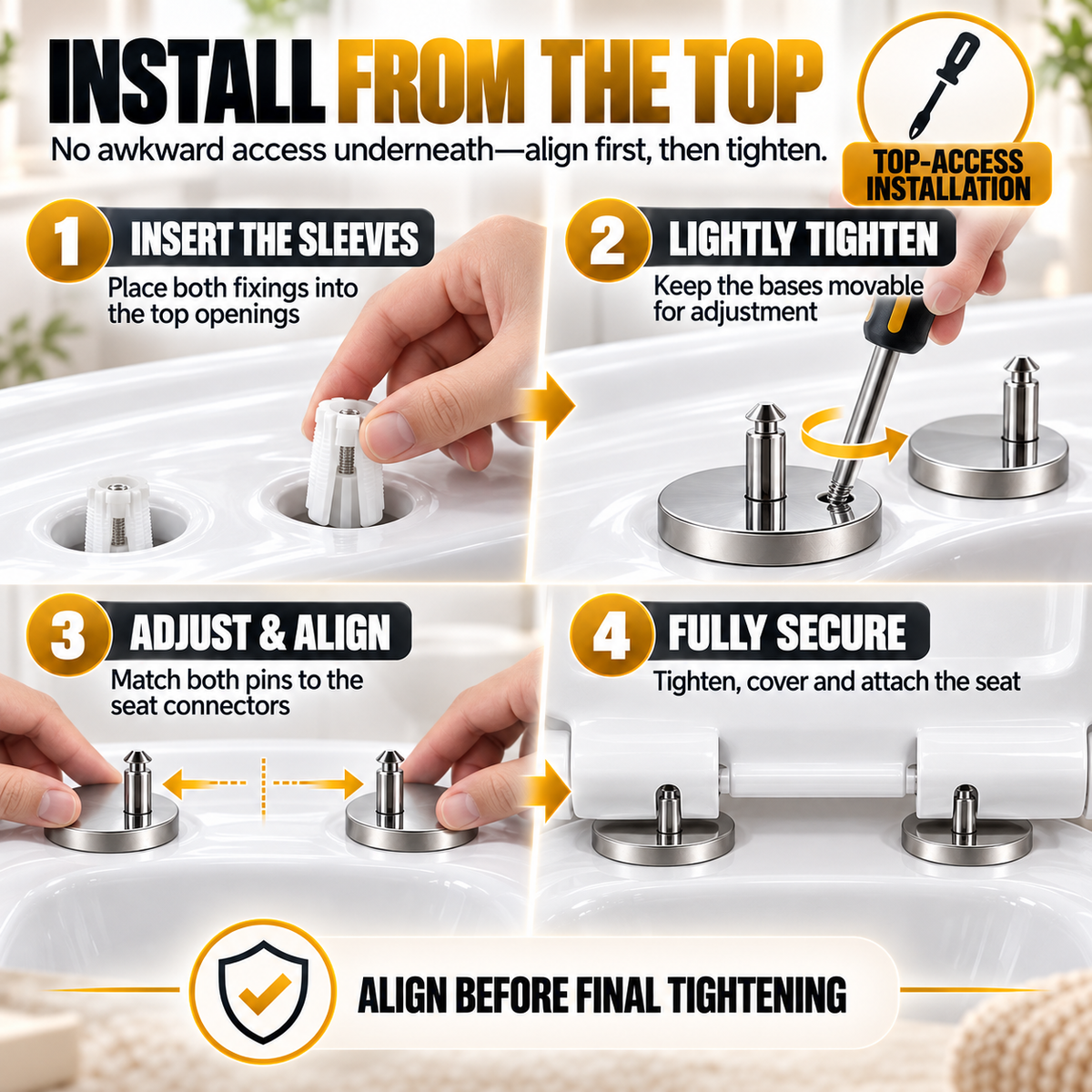 🔩 2-Pack Top-Fix Toilet Seat Hinge Bolts – Adjustable Anti-Wobble Replacement Kit