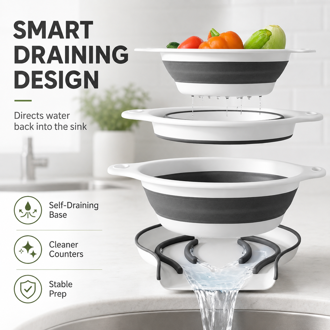 🥗 Collapsible Colander Set With Self-Draining Base | Space Saving Kitchen Strainer
