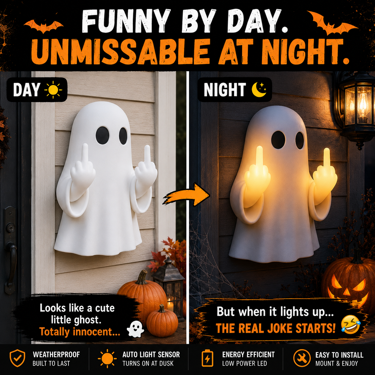 👻 Double Middle Finger Light-Up Ghost – Funny Halloween Wall Decor🖕🖕