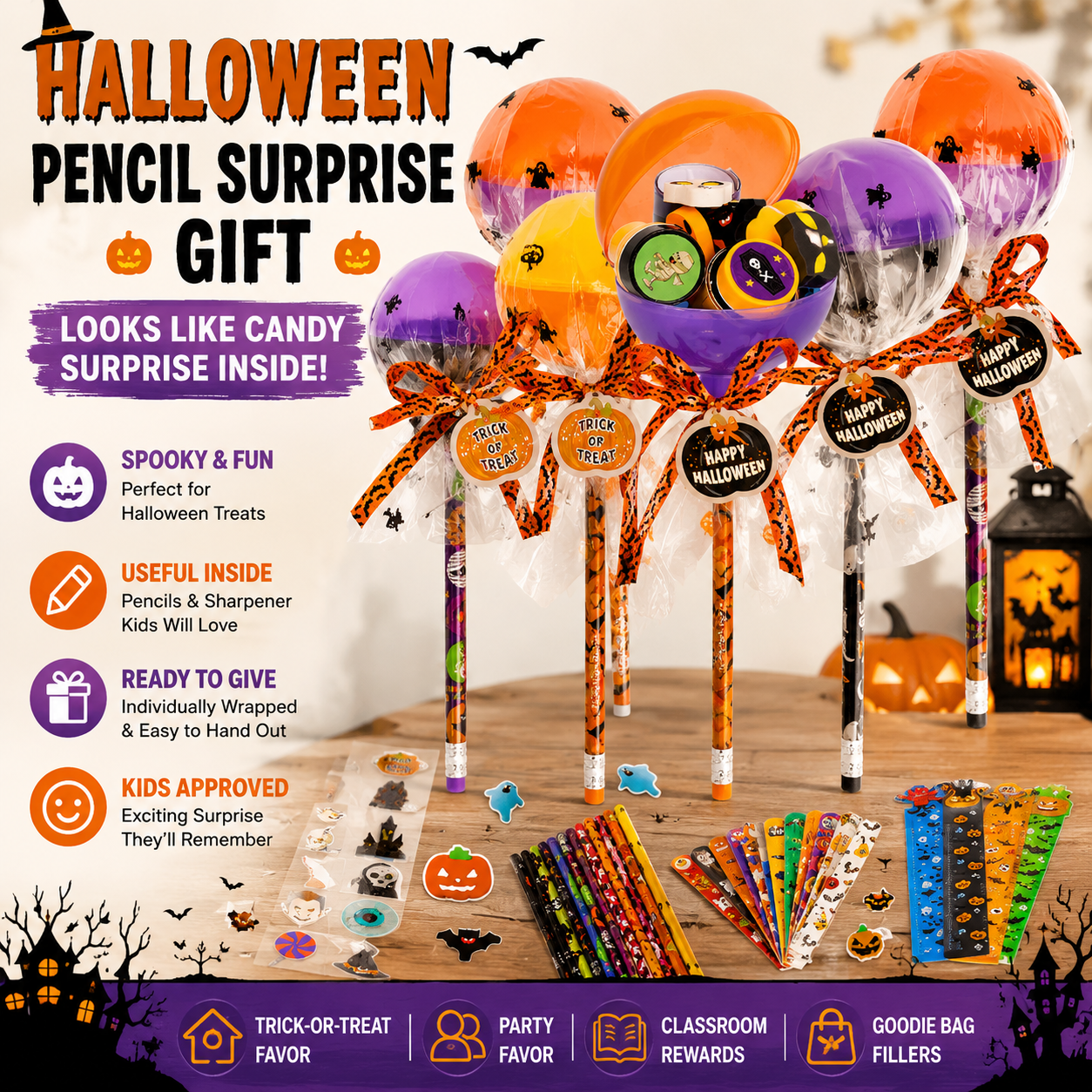 🎃24pcs Halloween Surprise Pencil Gift – Candy-Style Trick-or-Treat Favor for Kids