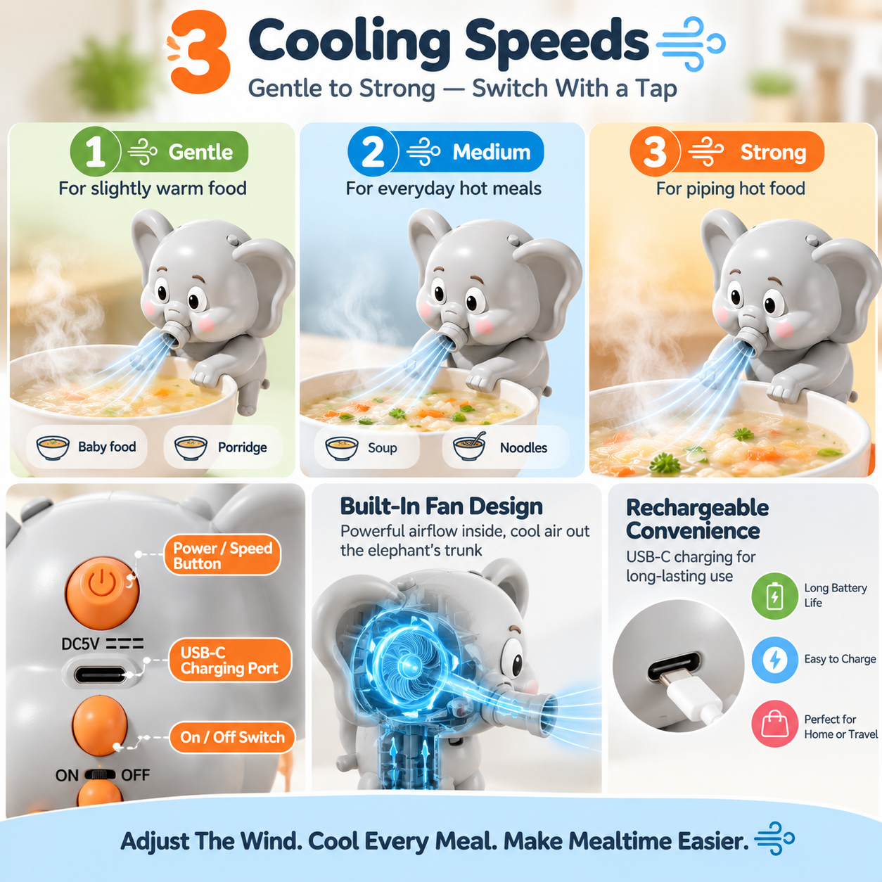 🐘 Hands-Free Food Cooling Fan – Cool Hot Meals Faster Without Blowing