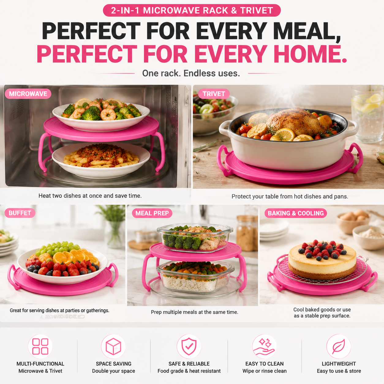 🍽️ 2-in-1 Microwave Rack & Heat-Resistant Trivet – Double Your Microwave Space & Protect Your Table