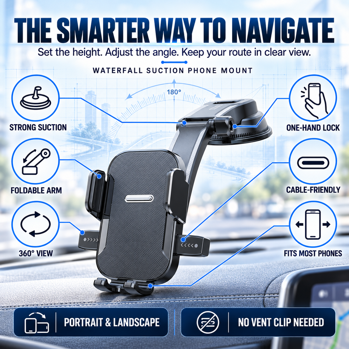 🚗 Vacuum Suction Waterfall Car Phone Mount – Foldable Multi-Angle One-Hand Lock