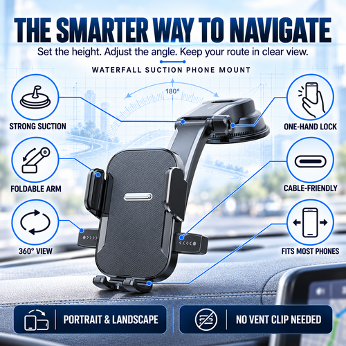🚗 Vacuum Suction Waterfall Car Phone Mount – Foldable Multi-Angle One-Hand Lock