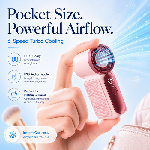 Mini Handheld Fan with LED Display | 6-Speed USB Rechargeable Pocket Fan