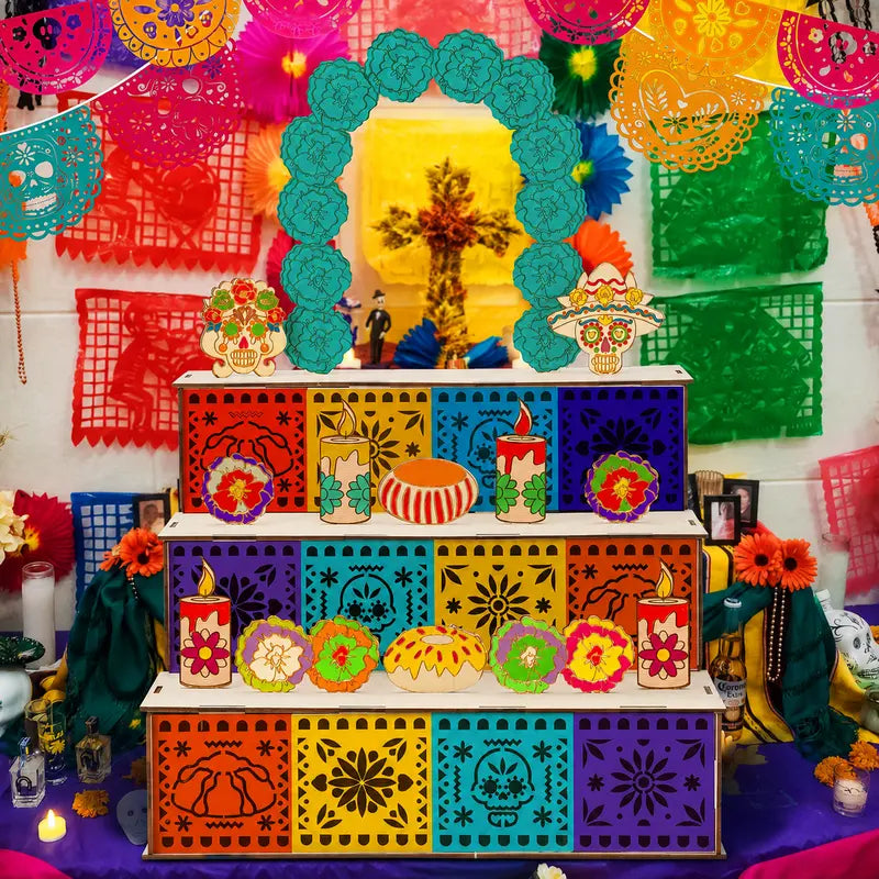 💀 3-Tier Day of the Dead Wooden Altar Display Set | Día de los Muertos Decor