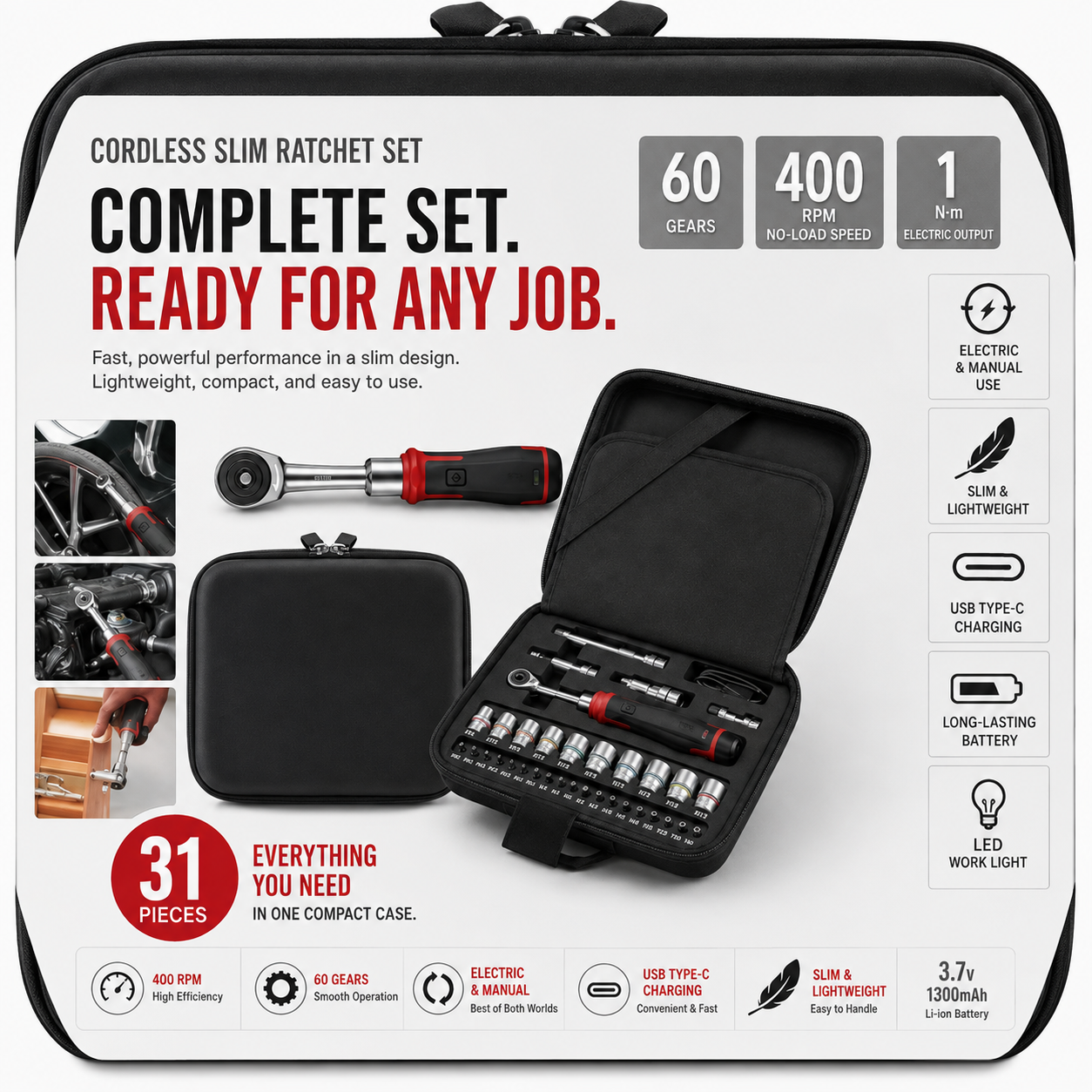 ⚡ 31-Piece Cordless Electric Ratchet Set – Slim 400 RPM Repair Tool Kit