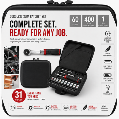 ⚡ 31-Piece Cordless Electric Ratchet Set – Slim 400 RPM Repair Tool Kit
