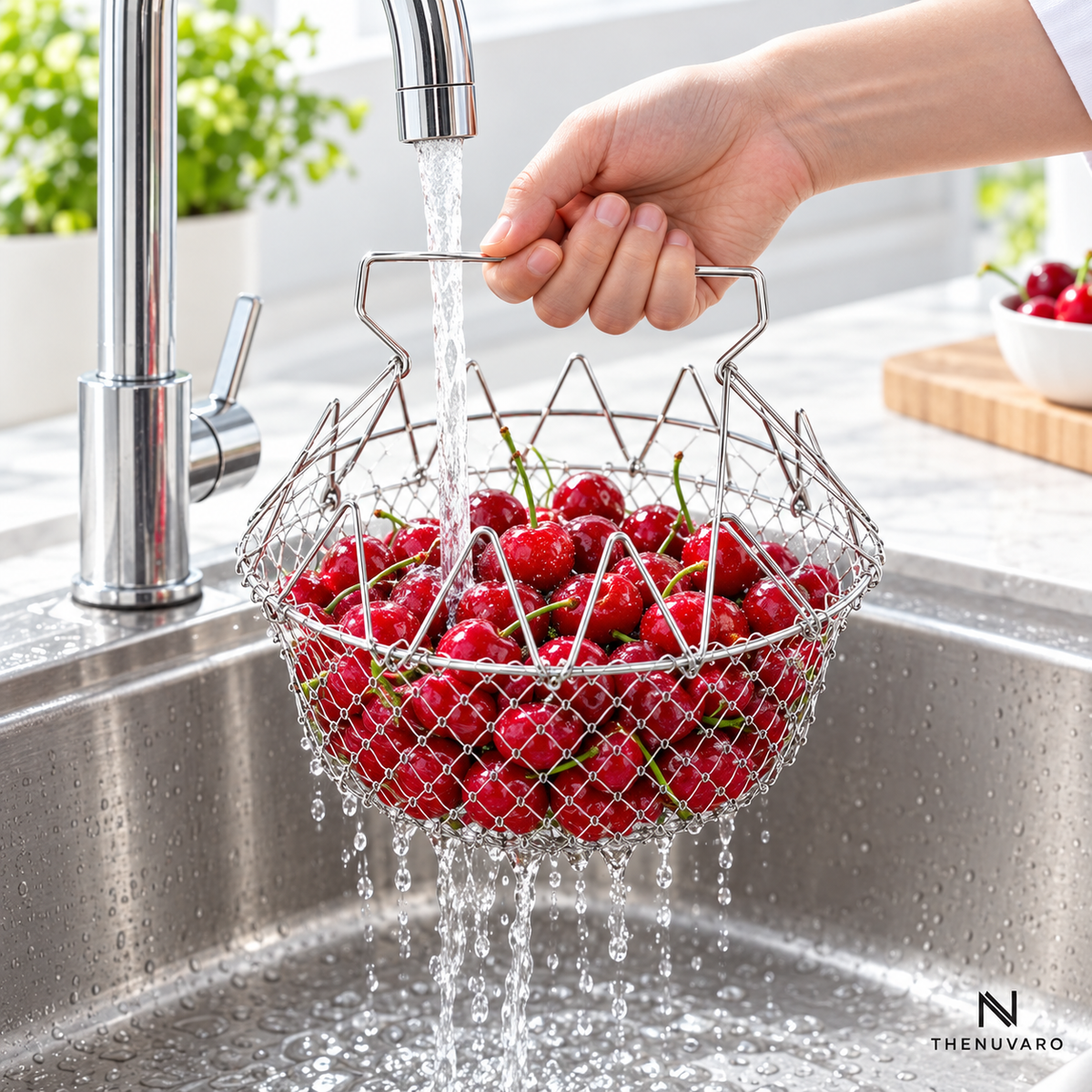 Metal mesh basket holding fruit under running water
