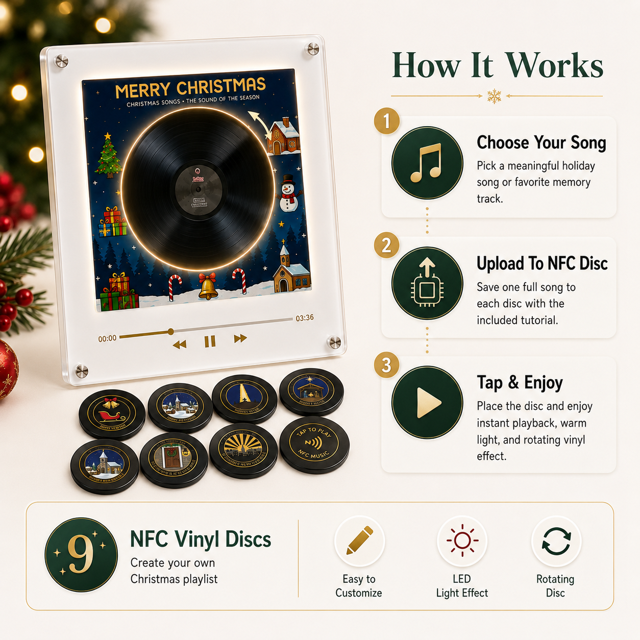 The Christmas Record That Plays Your Favorite Songs 🎄 – NFC Vinyl Music Display with LED & Rotating Disc