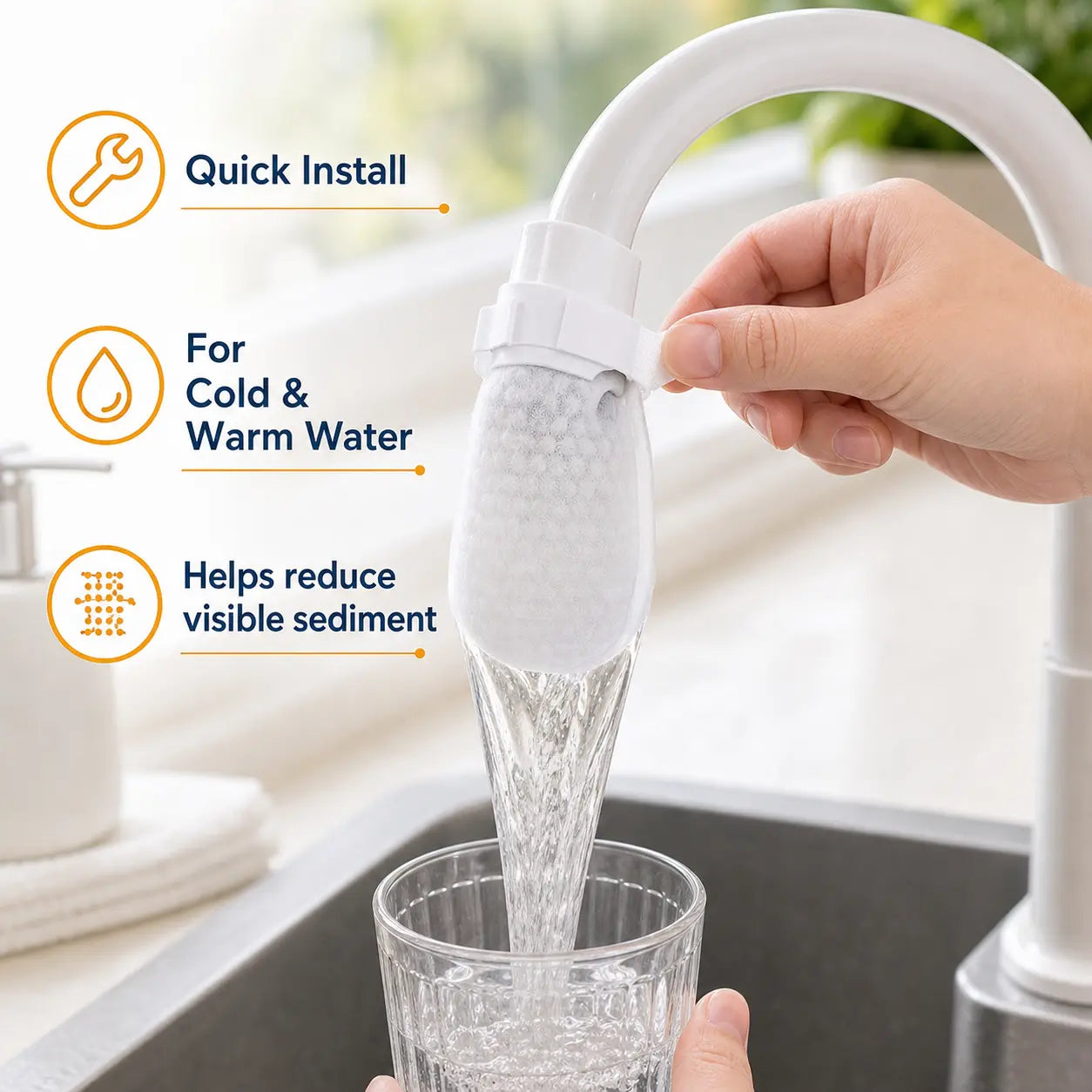 [Fits Faucets < 1"]cotton filter bags disposable Cotton Faucet Filter Bags with 5 fastening straps, Splash-Reducing Tap Water Sediment Filter Sock with Elastic Cuff for Kitchen & Bathroom Faucets