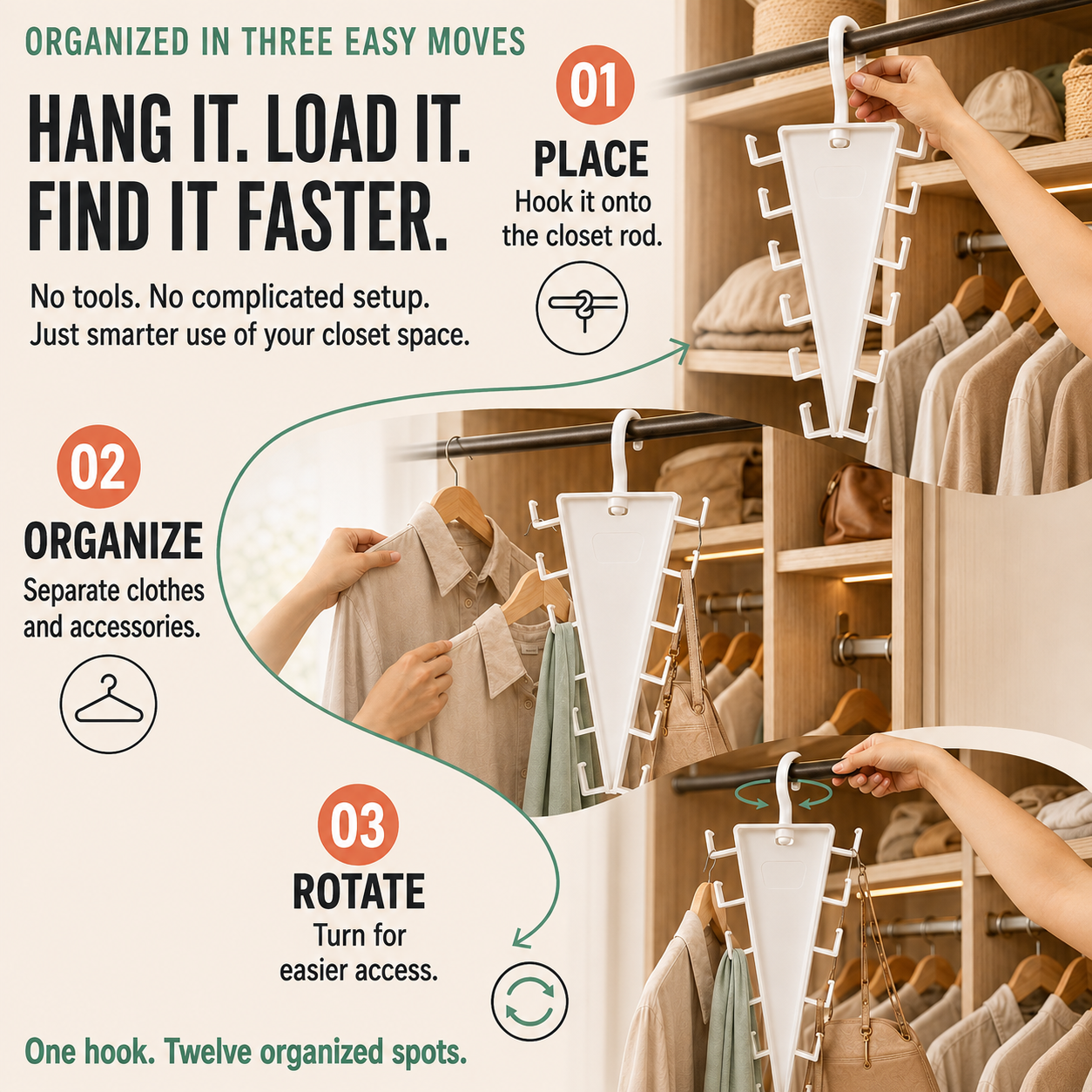 ✨ 12-Hook 360° Rotating Space-Saving Closet Organizer for Clothes, Hats & Bags