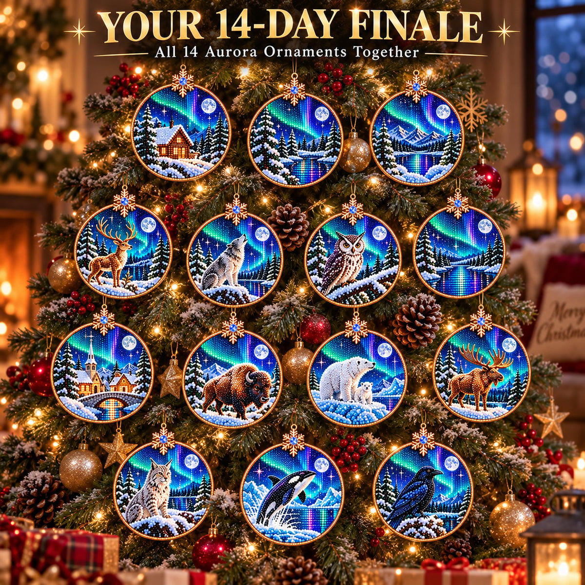 🌌 14-Day Aurora Diamond Painting Advent Calendar – DIY Wooden Christmas Ornament Kit