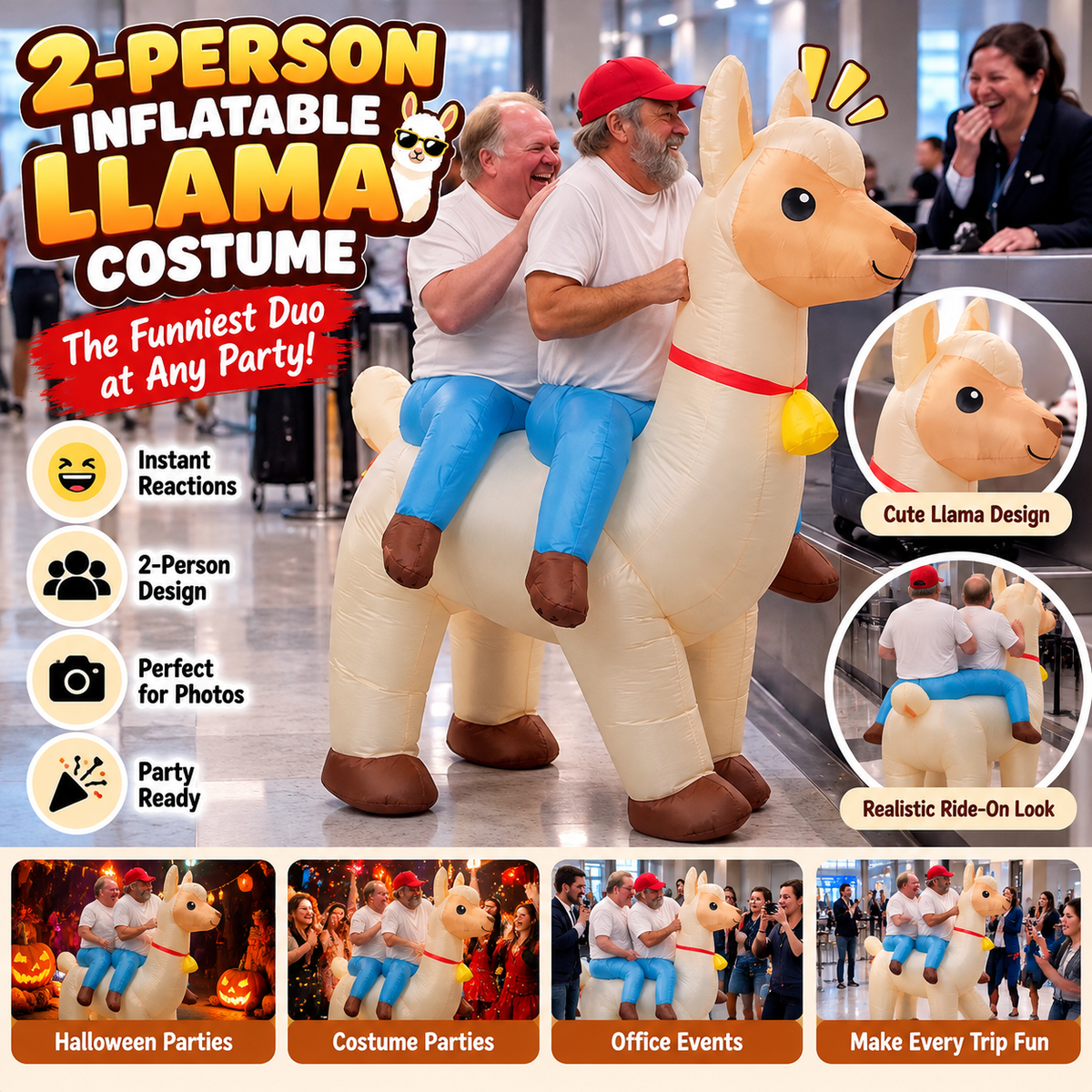 😂 2026 2-Person Inflatable Llama Costume – Hilarious Double Rider Party Outfit