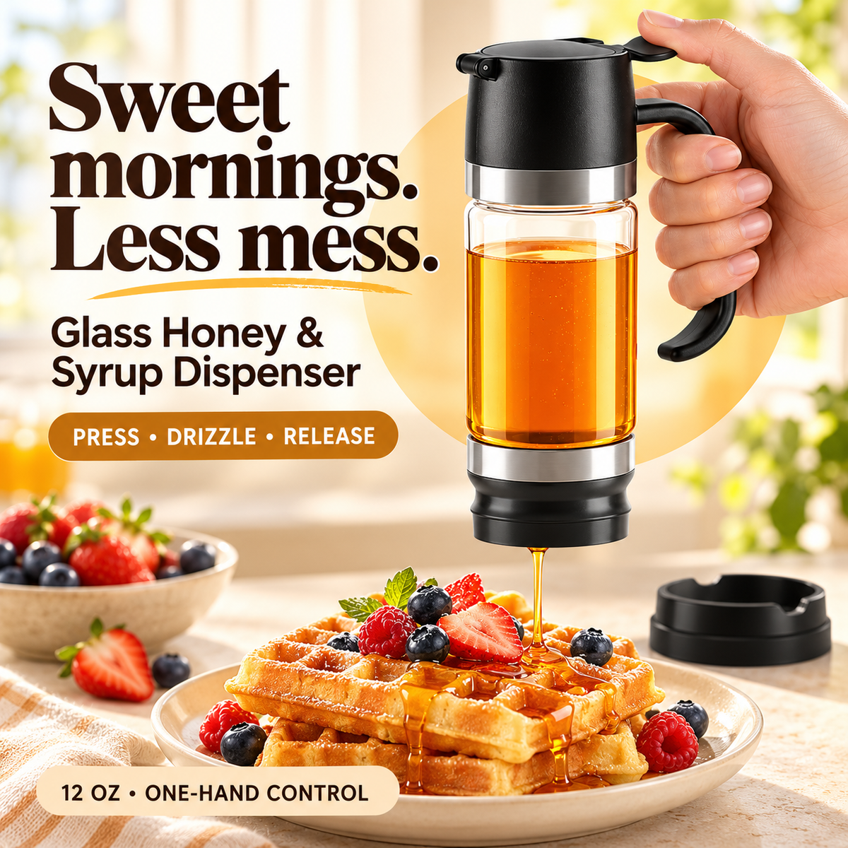 Black glass honey and syrup dispenser releasing honey through its bottom outlet over waffles