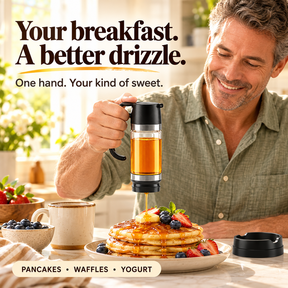 Man using the thumb control to drizzle honey over pancakes