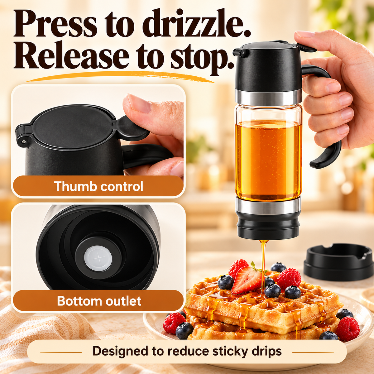 Close-ups of the thumb lever and silicone bottom outlet